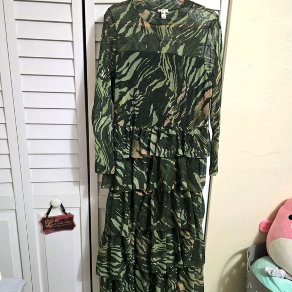 River Island Camouflage Long Sleeve Ruffled Tier Dress